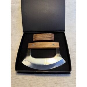 Coowolf Mezzaluna Herb Chopper Knife w/ Wood‎ Stand Gift Set